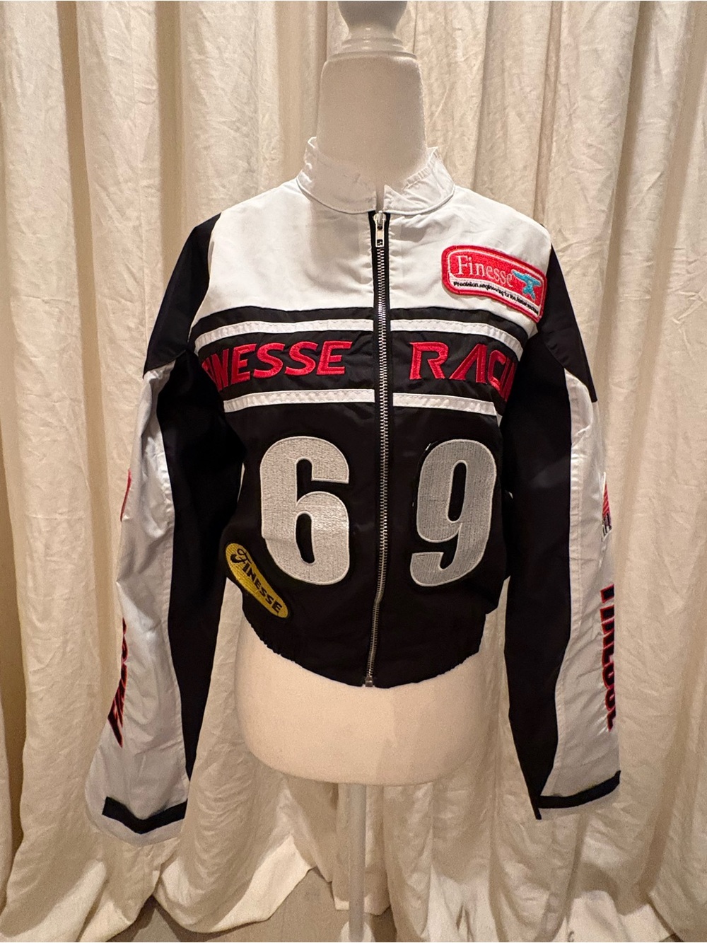Finesse Black White Bomber Jacket with Red Accents